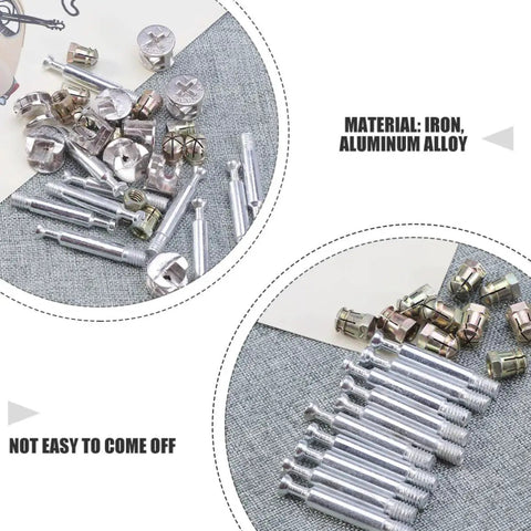 Pro Grade Cam Lock Fittings Set 24 Piece Silver Hardware Kit with iron and aluminum dowels and eccentric connectors