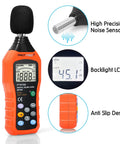 PT6708 Sound Level Meter Digital Decibel Reader, 30 to 130 dB range, large LCD screen, high precision noise sensor, anti-slip design
