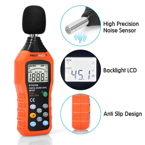 PT6708 Sound Level Meter Digital Decibel Reader, 30 to 130 dB range, large LCD screen, high precision noise sensor, anti-slip design