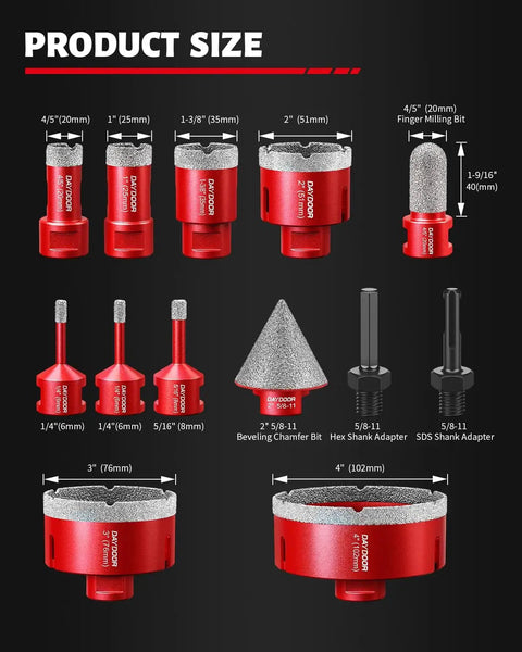 Killer 13 Piece Tile Hole Saw Kit With Vacuum Brazed Diamond Bits for porcelain, tile, granite, marble, and stone fast clean cuts.