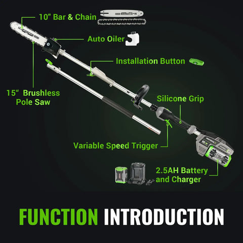 Cordless Pole Saw With 60V Power For Heavy Duty Tree Trimming And Pole Extension 15 Foot Reach 10 Inch Cutting Bar 2.5Ah Battery