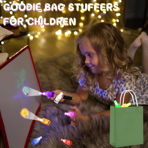 Child playing with Science Theme LED Finger Lights 32 Pack With 8 Colors And 8 Designs Ideal For Kids Party Favors
