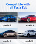 Four Tesla EV models displayed: model S, model 3, model Y, model X, showcasing compatibility with Heavy Duty Nacs Extension Cord For Tesla Models.