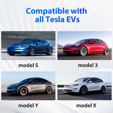 Four Tesla EV models displayed: model S, model 3, model Y, model X, showcasing compatibility with Heavy Duty Nacs Extension Cord For Tesla Models.