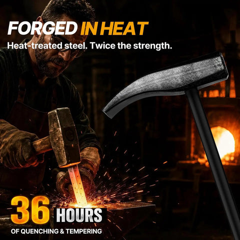 Blacksmith forging Heavy Duty Tire Bead Breaker Tool with hammer in front of forge, showcasing heat-treated steel construction.