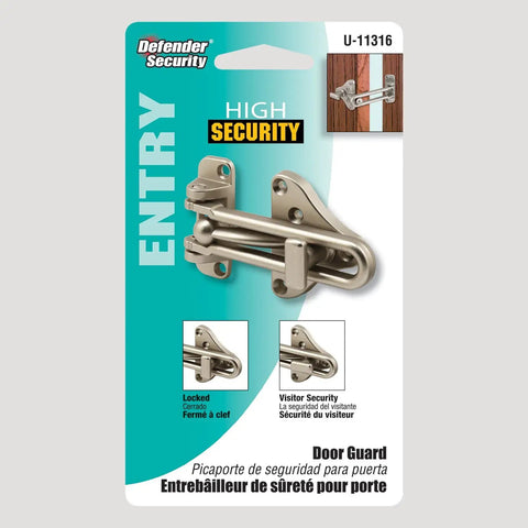 Swing Bar Door Guard With High Security Auxiliary Lock Satin Nickel Finish shown in packaging on display card.