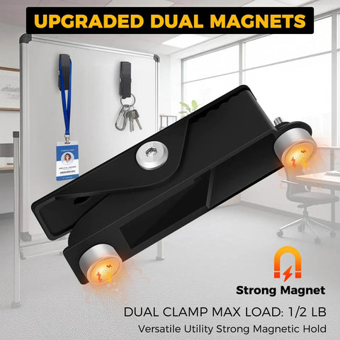 Black dual magnet clamp against magnetic board with badges, showing strong hold capacity.