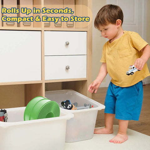 Child storing Awesome Flexible Race Track For Kids 3 Plus 15 Foot Roll Up Car Track With Strong Suction Cups in a bin