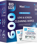Box of MaxiClean Big Size Lens & Screen Cleaning Wipes, pre-moistened and individually wrapped.