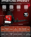 Diagram of Beast Gas Backpack Leaf Blower With 665 CFM And 205 MPH, showcasing specifications and efficiency features.