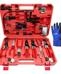 Pro Grade 16 Piece Hose Clamp Pliers Set With Long Reach Flexible Wire And Electrical Disconnect Pliers in red case with gloves