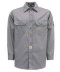 Men Lightweight Flame Resistant Cotton Twill Work Shirt Water Repellent Oil Stain Proof Hardcore Industrial Workwear Built Tough For Welding Rig Job Sites, grey color, front view, size M.
