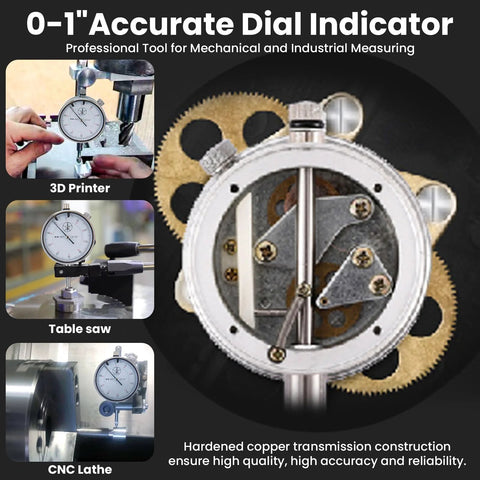Dial indicator with magnetic base and long arm for precision inspection, 0-1 inch range, 0.001 inch resolution.