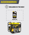 Portable 1500 Watt Generator With 120V 20A Outlet and bonus engine oil for up to 10 hours runtime, included accessories.