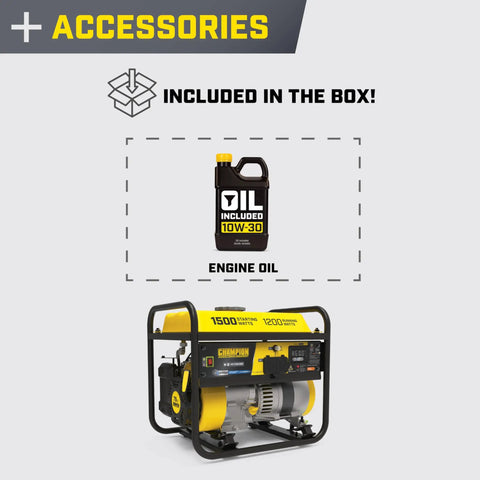 Portable 1500 Watt Generator With 120V 20A Outlet and bonus engine oil for up to 10 hours runtime, included accessories.