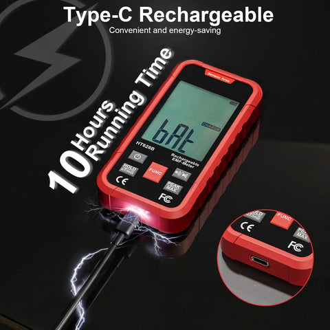 3-In-1 EMF Meter Portable RF EF MF Detector For Home And Office, Handy Signal Sniffer That Lets You Gauge Real Time RF Up To 3.5GHz, Electric Field In V Per Meter, Magnetic Field In mG Per uT, Perfect For 5G, WiFi, And Daily Detections. red handheld EMF meter with Type-C charging port