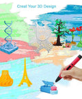 3D creations using Awesome 32 Colors 3D Pen PLA Filament Refills Pack with various designs and hand holding 3D pen