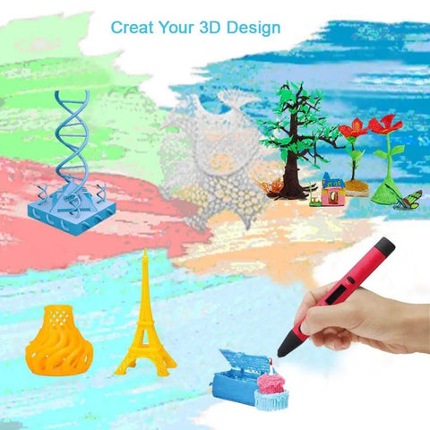3D creations using Awesome 32 Colors 3D Pen PLA Filament Refills Pack with various designs and hand holding 3D pen