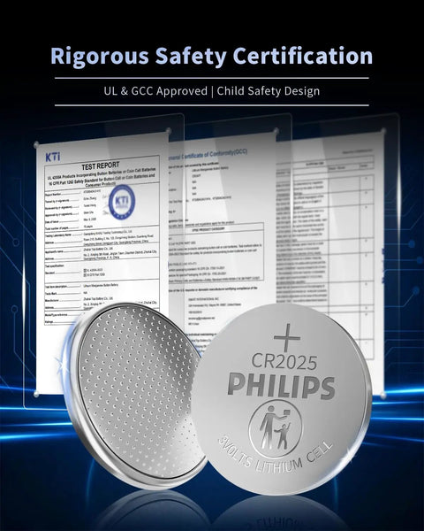 Family Approved CR2025 3V Lithium Coin Batteries 5 Pack displayed with safety certification documents.
