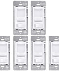Image showing 6 Pack Ultra Slim Dimmer Light Switch For LED CFL And Incandescent Lights Easy Install 15A 120V 60Hz Single Pole Or 3 Way 300W LED CFL 600W Incandescent ETL Listed White Slide Dimmer in packaging.