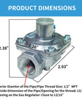 Front view of gas pressure regulator with 1/2in NPT inlet and two brass fittings (1/2 x 1/4), metal body.