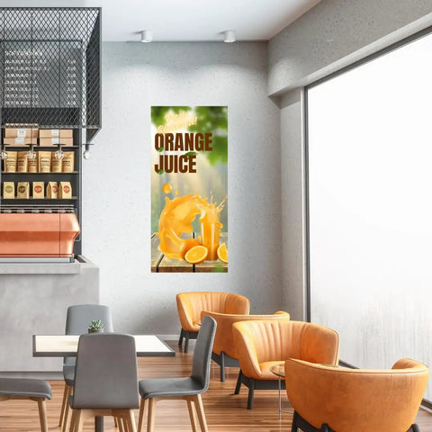 Custom 3x6 Indoor Outdoor Heavy Duty Vinyl Banner For Business Promotion Birthdays Holidays And Special Events Upload Your Image Or Text For A Customizable Eye Catching Signage Solution, in a cafe setting.