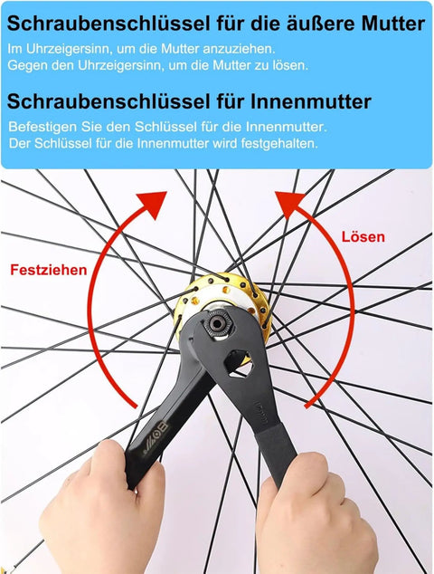 Hands using Ultra Slim Bicycle Cone Wrench Set For Tight Hub Cones And Axle Nuts on bike wheel hub.