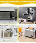 Image shows appliances for easy mobility including a microwave, espresso machine, mixer, and toaster in a kitchen.
