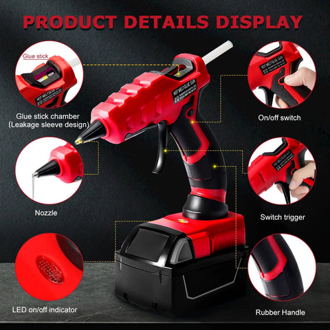 Cordless Hot Glue Gun For 18V Battery, 30 Second Preheat, Includes 30 Glue Sticks, display shows nozzle and on/off switch