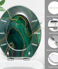 Elongated Resin Toilet Seat Cover for Bathroom with green agate design, measuring 14.5" x 18.5", featuring stainless steel hinges.