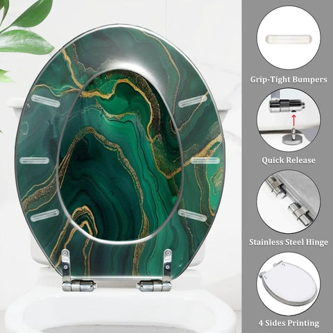 Elongated Resin Toilet Seat Cover for Bathroom with green agate design, measuring 14.5" x 18.5", featuring stainless steel hinges.