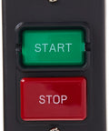 Rock Solid Dual Voltage Toggle Switch For Single Phase Motors Featuring Lockout Safety Button And Straightforward Fitment With Standard Electrical Boxes Built Like A Tank with green start and red stop buttons.