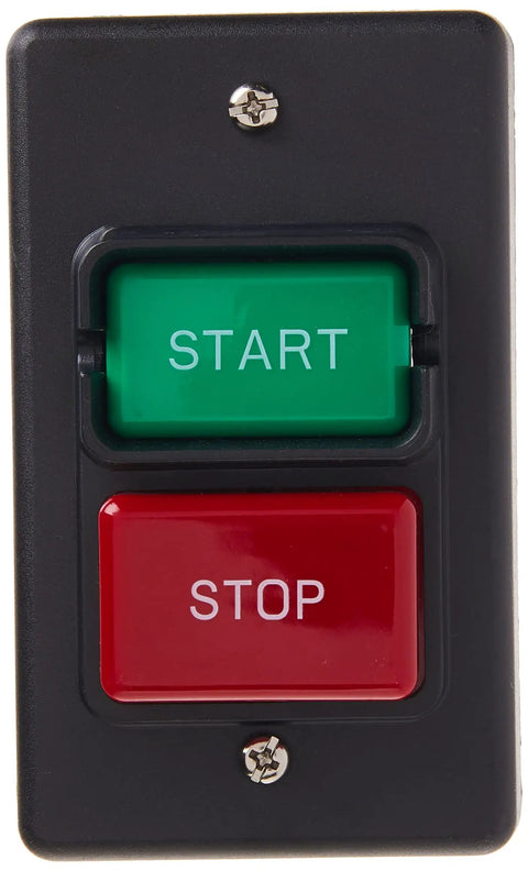 Rock Solid Dual Voltage Toggle Switch For Single Phase Motors Featuring Lockout Safety Button And Straightforward Fitment With Standard Electrical Boxes Built Like A Tank with green start and red stop buttons.