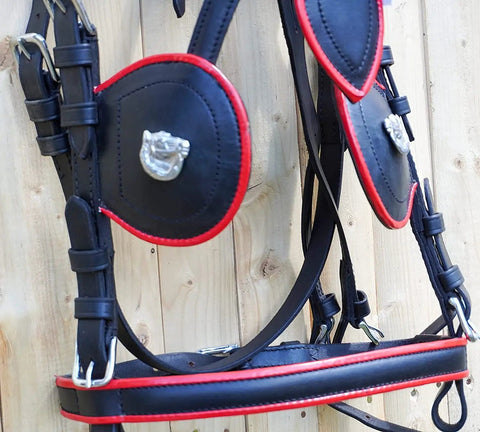 Full Size Leather Horse Driving Harness With Red Trim, Premium Quality Horse Driving Equipment, close-up on padded leather