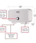 Dimensions and features of 3500 Watt 120 Volt Point Of Use Tankless Electric Water Heater For A Single Sink with dial and connections.