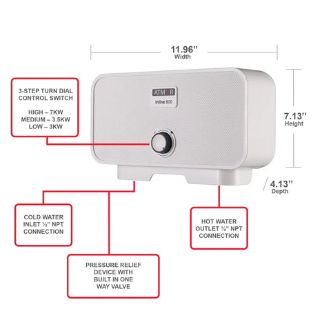 Dimensions and features of 3500 Watt 120 Volt Point Of Use Tankless Electric Water Heater For A Single Sink with dial and connections.