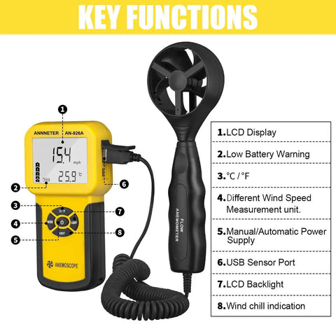 Beast HVAC Anemometer Handheld Wind Speed Meter For Airflow And Temperature 0.001 To 100 Mph With Five Percent Accuracy And 1.8 F Temperature Precision Includes Meters Per Second Feet Per Minute Knots Kilometers Per Hour And Miles Per Hour, yellow handheld unit and sensor fan