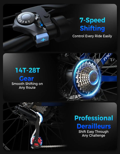 Close-up of 7-speed shifting gear lever and derailleur on Beast Mode 1500W Peak Mountain Electric Bike For Adults