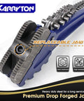Close-up of the heavy duty chain pipe wrench with 36 inch chain showing replaceable jaw and high carbon steel build.