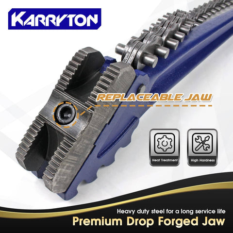 Close-up of the heavy duty chain pipe wrench with 36 inch chain showing replaceable jaw and high carbon steel build.