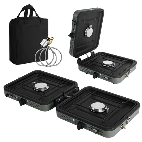 Two-Burner Propane Camp Stove With Grill And Carrying Bag, Ready-To-Go Portable Folding Stove With 17000 BTU Adjustable Burners