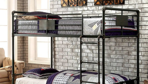 Twin Over Twin Metal Bunk Bed With Attached Ladder Full Pipe Frame Upper Guard Rails Antique Black Finish Built Tough For Boys And Girls Ideal Space Saving Loft Bed