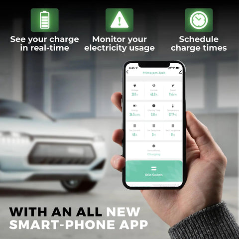 Smartphone app interface for Beefy 277 To 480V Level 2 EV Charger, 80 Amp, J1772 Plug, Single Phase Power, up to 50 ft cord.