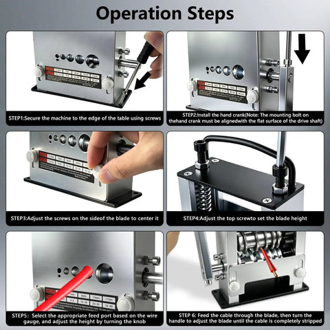 Knockout Automatic Wire Stripper Machine With Six Adjustable Channels And Five Sharp Blades For No Sweat Cable Prep setup guide steps.