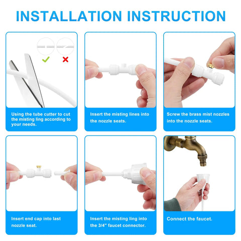 Installation instructions for Outdoor Patio Misters Misting System Bundle, showing cutting tube, inserting and connecting nozzles.