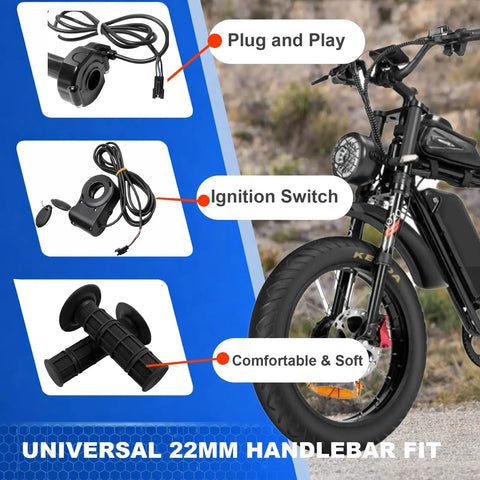 Full Twist Ebike Throttle With Rolling Bearing And 59 Inch Cable, Plug And Play Grip Kit For Electric Dirt Bikes With Ignition Switch