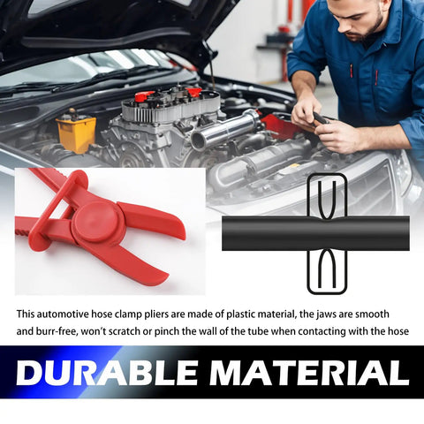 Three Size Hose Pinch Off Pliers Set For Fuel Brake And Radiator Hoses With Non Slip Grip Multi Purpose Clamp Pliers For Auto Repair And Maintenance Safety Latch Keeps Jaws Locked Hands Free Tool shown in use on car engine