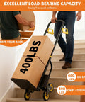 Heavy Duty Stair Climbing Hand Truck With 440 Lbs Capacity Featuring Six Swivel Wheels Telescopic Handle, hauling boxes up stairs.