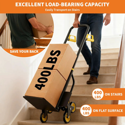Heavy Duty Stair Climbing Hand Truck With 440 Lbs Capacity Featuring Six Swivel Wheels Telescopic Handle, hauling boxes up stairs.