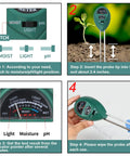 An instructional guide showing the Two Pack 3 In 1 Soil Tester Tool For Moisture Light And PH in use and close-up on settings.